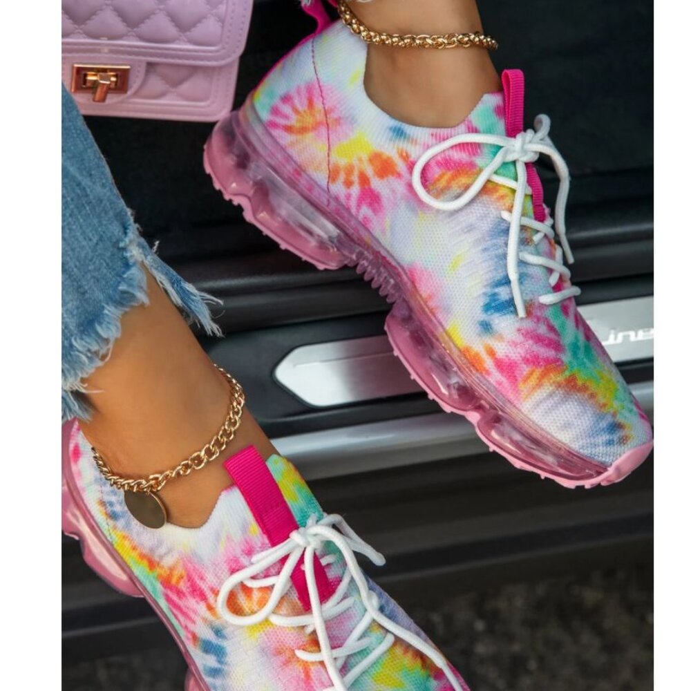 New Womens Pink Tie Dye Knit Lace Up Clear Heel Sneakers